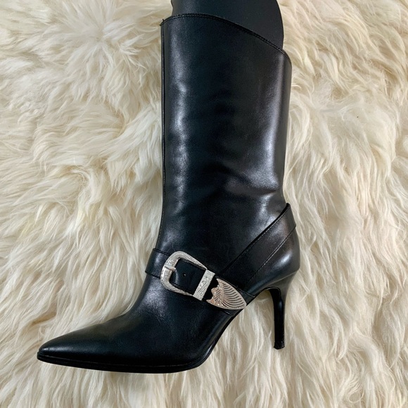 ZARA Cowboy Buckle Black Leather Pointed Toe Slip On Heel Boots Sz 7.5US - Picture 11 of 15